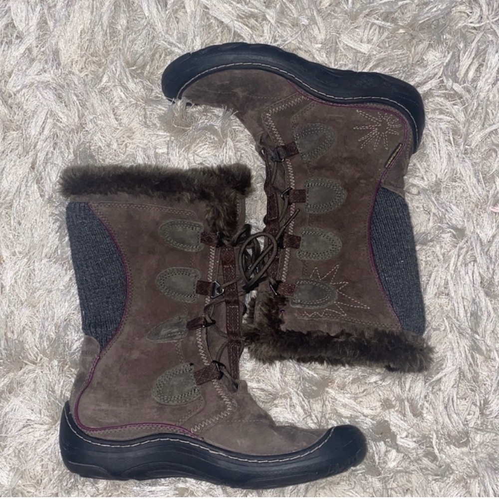 Privo By Clark’s Embroidered Suede Waterproof Mid Calf Lace Up Brown Boots